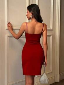 SHEIN Cottnline Women's Sequin Patchwork Ruched Bodycon Spaghetti Strap Dress - Red - View 2