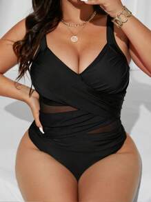 Swim SXY 大码女式交叉双色网眼拼布修身连体泳衣，夏季海滩度假 - 黑色 - 查看 4