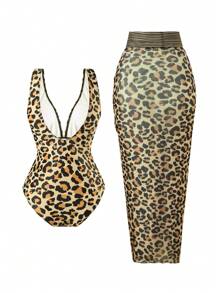 Swim Oasis 2 Pieces Set 2025 New Style Women All-In-One Random Print Swimsuit & Mesh Long Skirt Beach Vacation Summer Casual Swimwear Set - Multicolor - View 2