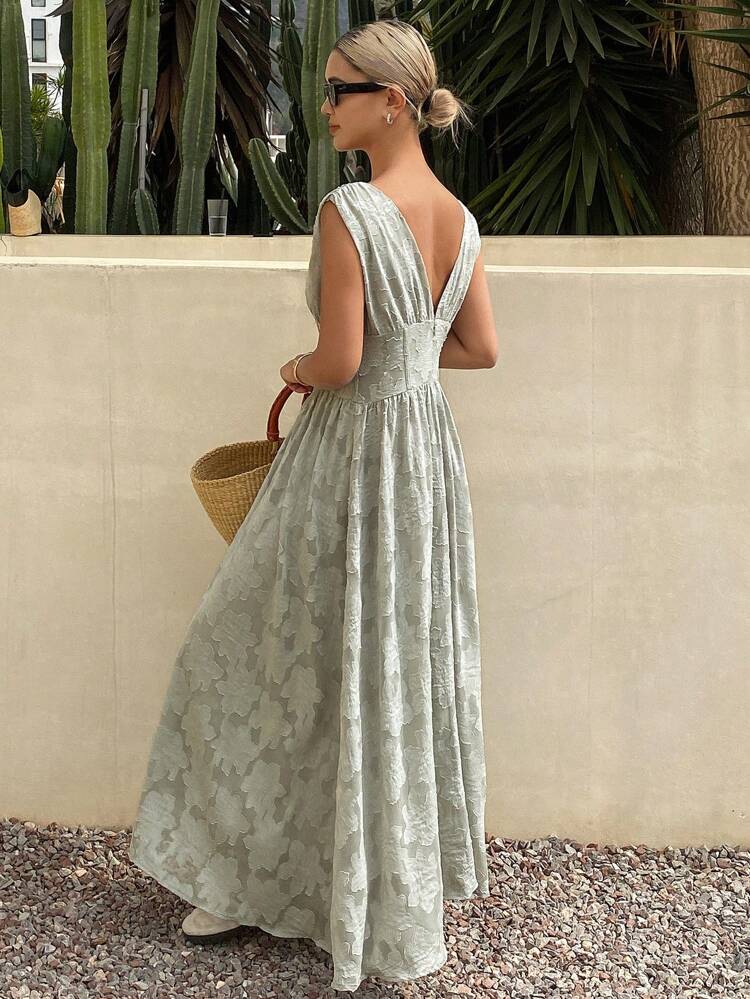 Women's Sleeveless V-Neck Waisted Elegant Dress, Textured Solid Color Vacation Summer Dress Cocktail Dress