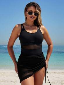 Swim Lushoire Women's Sexy Versatile Black Mesh Splicing Drawstring Skirt Style One-Piece Swimsuit For Spring/Summer Beach Vacation - Black - View 5