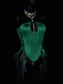 SHEIN ICON 修身款交叉系带吊带文胸上衣 - 綠色 - 查看 3