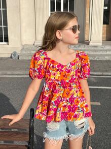 SHEIN 女童休闲花卉印花荷叶边斜领泡泡袖衬衫 - 玫紅色 - 查看 5