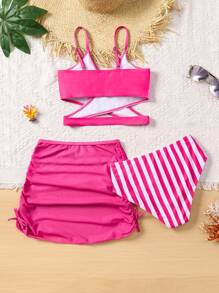 3 件套女童泳衣套装，玫瑰红条纹，蝴蝶结装饰，休闲风，适合海滩度假和玩耍