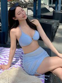 DAZY Bộ đồ bơi đơn giản màu trơn dành cho nữ, kiểu tankini, thích hợp mặc đi lễ hội hoặc du lịch biển. - Màu xanh lam - Xem 2