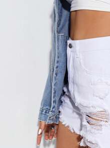 SHEIN ICON Ripped Detail Drop Shoulder Denim Jacket - Light Wash - View 6