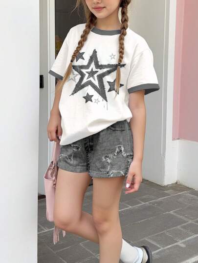 SHEIN Leap Crew 青少年女孩休闲简约短袖上衣和短裤两件套，适合夏季