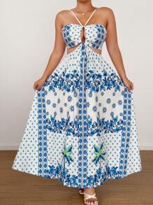 Flirla Bohemian Print Hollow Out Spaghetti Strap Long Summer Vacation Beach Dress