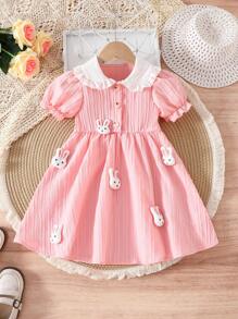SHEIN Young Girls Cute Rabbit Collar Button Front Short Sleeve Dress