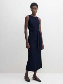 BizChic 2025年夏季新款海军蓝圆领无袖系带收腰宽松连衣裙，商务休闲日常穿着，适合婚礼、海滩度假、音乐节、早午餐、机场穿搭，90年代复古斯德哥尔摩风格，美国独立日