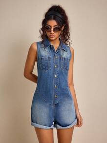SHEIN EZwear 女式无袖蓝色休闲时尚牛仔连体衣，夏季 - 藍色 - 查看 3