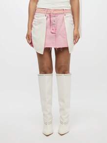 SUMWON WOMEN 内外重组拼接不对称纽扣前高腰迷你裙节日夏季春季做旧磨损原始下摆 - 粉色 - 查看 4