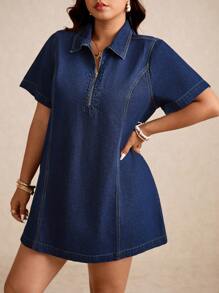 Elaquor Plus Size Casual Mini Denim Dress For Vacation,Business Casual Woman - Dark Wash - View 7