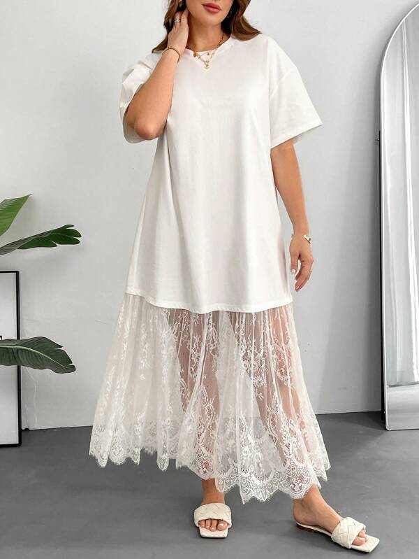 SHEIN Essnce Rochie lungă plus-size pentru femei, rochie falsă din două piese, rochie din dantelă patchwork, rochie transparentă pentru femei, rochie albă, rochii de vară pentru femei, rochie de absolvire, rochii de ziua de naștere pentru femei, rochie de sărbătoare, rochii albe elegante și elegante