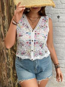 SHEIN VCAY 大码休闲多色刺绣针织毛衣 - 白色 - 查看 7