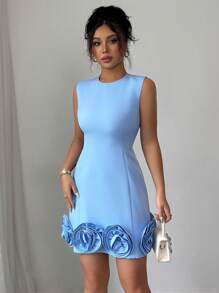 Rafferiza 女士优雅修身花卉无袖连衣裙 - 藍色 - 查看 7