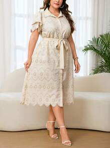 Reflora Plus Size Fashion Embroidered Collar Tie Waist Elegant Women Dress