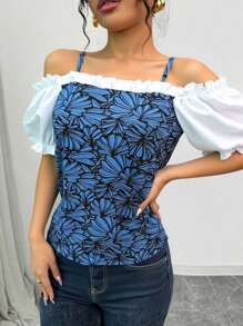 Breezaya Women Resort Floral Print Off Shoulder Puff Sleeve Blouse - Blue - View 1