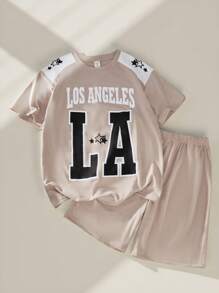 SHEIN Explorewe 2pcs/Set Tween Boys Letter Print Crew Neck Casual Loose T-Shirt & Sports Shorts Set - Apricot - View 1