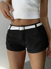 Aloruh Quần Short Nữ Hàng Mới Về, Quần Short Mini Siêu Ngắn Kiểu Dáng Gợi Cảm Màu Trơn Có Thắt Lưng, Thu/Đông - màu đen - Xem 4
