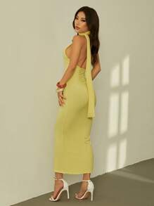 SHEIN PETITE Solid Halter Neck Backless Bodycon Dress Green - Yellow - View 2