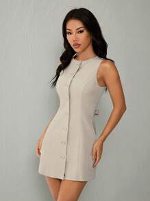 SHEIN PETITE 女士纯色简约无袖纽扣圆领单排扣无袖迷你连衣裙，女士夏季连衣裙，茶会连衣裙 - 卡其色 - 查看 4