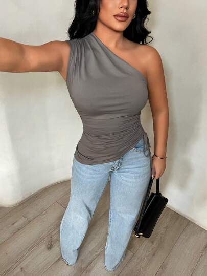 SHEIN SXY Women's Simple Solid Color Casual Asymmetrical Neck Top