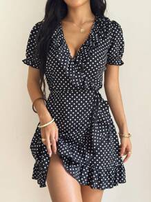 SHEIN PETITE 女式波尔卡圆点印花深 V 领裹式系带短袖连衣裙 - 黑色 - 查看 5