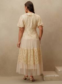 Anewsta High Quality Elegant Ladies Summer Mesh Lace Splice Dress, Plus Size Long Evening Gown - Khaki - View 2
