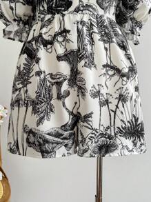 Soleia 大码女式春季方领蓝色手绘花卉印花泡泡袖连体衣 - 黑與白 - 查看 7