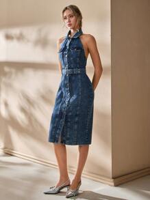 CLARA VERO DAMSKA SUKIENKA Z ROZCIĘCIEM Z PRZODU I ZAPIĘCIEM NA GUZIKI - Niebieski - Zobacz 3