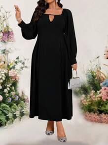 Bellastra Plus Size Solid Long Sleeve Dress, Simple & Fashionable Suitable For Summer - Navy Blue - View 6