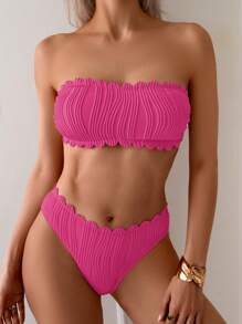 SHEIN Swim Bộ đồ bơi bikini 2 mảnh màu trơn có dây buộc sau lưng họa tiết vỏ sò dành cho nữ, đi biển mùa hè - Màu Hồng Tươi - Xem 1