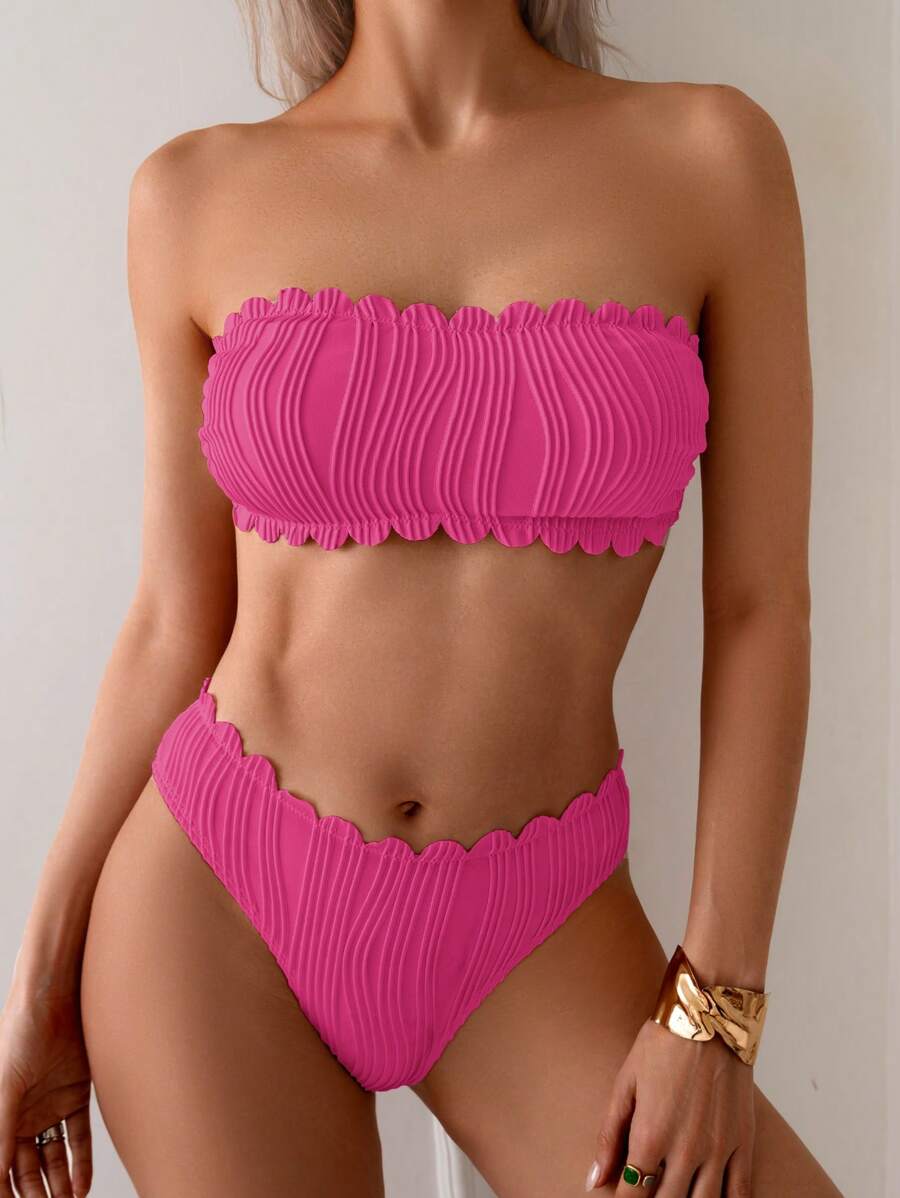 SHEIN Swim Bộ đồ bơi bikini 2 mảnh màu trơn có dây buộc sau lưng họa tiết vỏ sò dành cho nữ, đi biển mùa hè - Màu Hồng Tươi - Xem 1