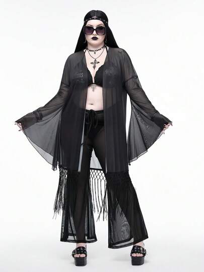 Goth Cubrecostillas de playa transparente con flecos y calavera de gato gótica, adecuado para vacaciones de verano, talla grande