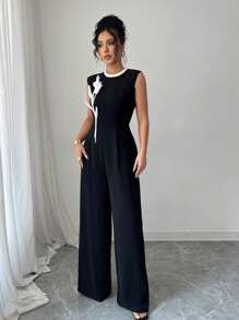 Chiquease 女士优雅法式编织无袖连体裤，腰带和 3D 花卉装饰，黑色，夏季新品 - 黑色 - 查看 5