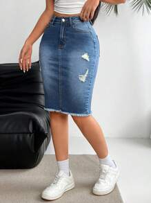 SHEIN ICON Chân váy bút chì denim thường ngày có viền tua rua có túi dành cho nữ - Màu xanh lam - Xem 5