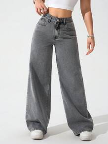 Women's Casual Washed Angled Pocket Wide Leg Baggy Jeans