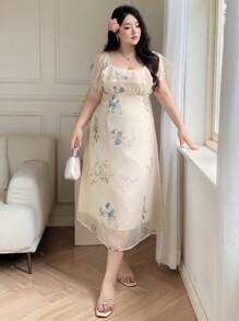 Dazy Plus Floral Print Contrast Mesh Ruffle Collar Vacation Style Dress - Apricot - View 4