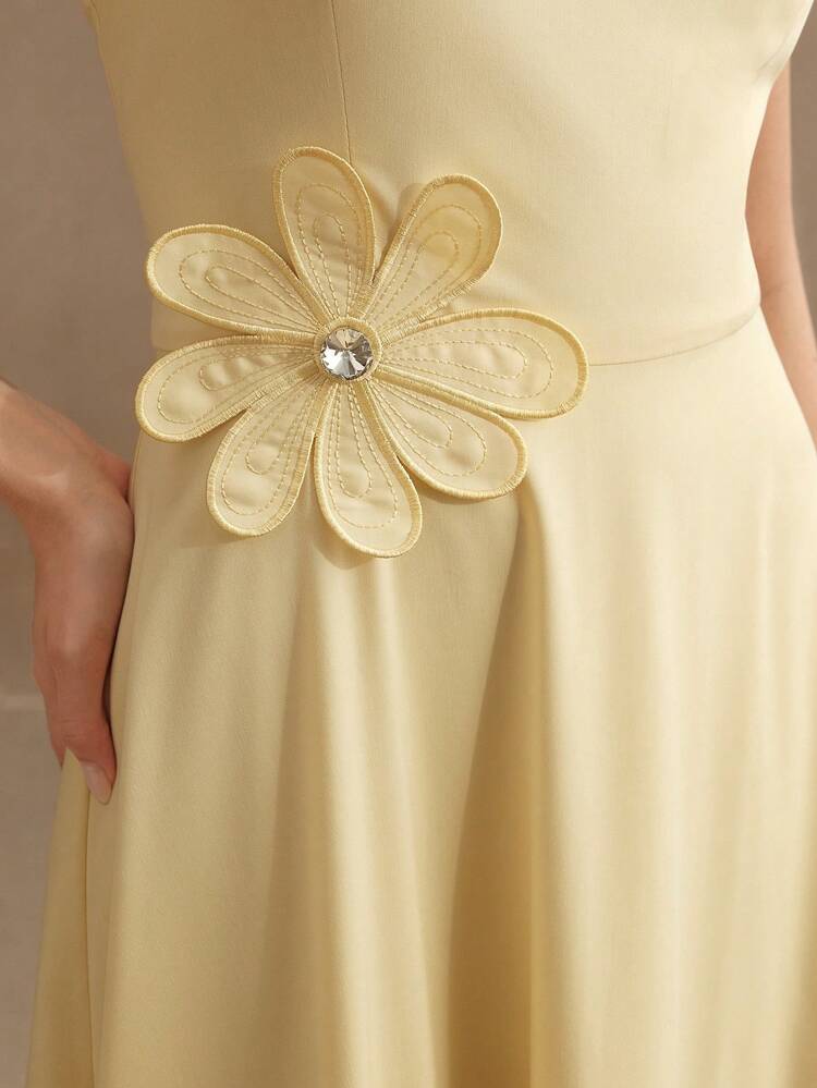 Vestito elegante senza maniche a-line con stampa floreale, colore giallo, per la primavera/estate