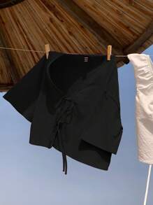 Comfortcana 夏季女式纯色前系带短袖针织开衫