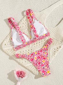 Swim Mod New Women Swimsuit Set, Random Floral Print Top With Thick Straps And Random Floral Print High Cut Bottoms For Summer Beach Vacation