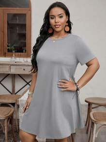 SHEIN LUNE 大码女式圆领短袖休闲T恤连衣裙 - 灰色 - 查看 4