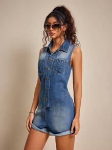 SHEIN EZwear 女式无袖蓝色休闲时尚牛仔连体衣，夏季 - 藍色 - 查看 4