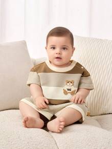 Cozy Pixies Newborn Baby Boy/Girl Cartoon Bear Pattern Knit Soft Crew Neck Short Sleeve Top And Elastic Waist Shorts 2 Pieces Set - Apricot - View 4