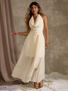 Flirla Plus Size Women Elegant Yellow Flounced Draped Neck Ruffle Tie-Waist Mesh Solid Color Dress - Apricot - View 5