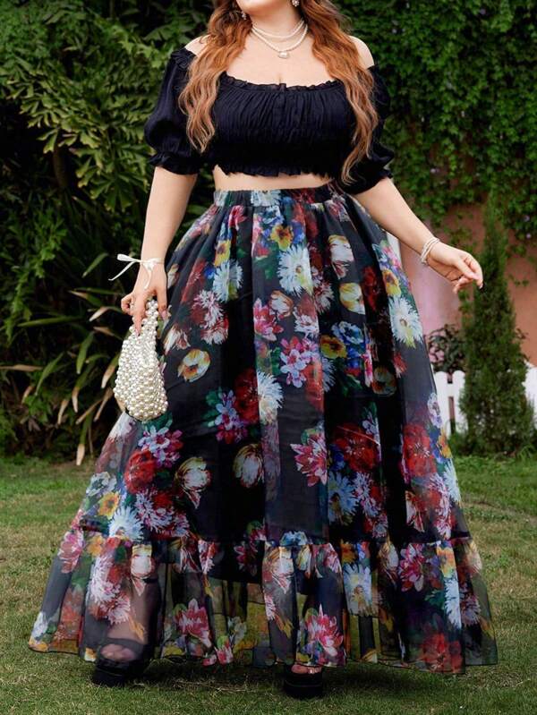 Lyrianda Fusta maxi cu etaje de vară cu talie elastică din organza cu imprimeu floral, cu tiv de dimensiuni plus, stil vintage elegant pentru vacanțe, întâlniri și plajă
