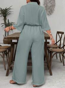 SHEIN VCAY Plus Size Island Vacation White Textured Fabric Collared Short Sleeve Cinched Waist Wide Leg Jumpsuit, Casual Versatile Loose Fit