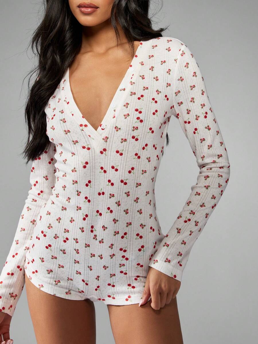 MISSGUIDED Mono de manga larga con estampado de cerezas, de punto acogedor, de estilo vintage, inspiración retro para primavera y verano, pijama de mono corto - Multicolor - Ver 1