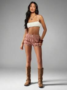 MISSGUIDED Ruffle Layered Gingham Bloomer Short Summer Beach Holiday Tiered Cotton Blend High Waist Ruffle Trim Casual Boho Festival Puff Style Short - Red and White - View 5